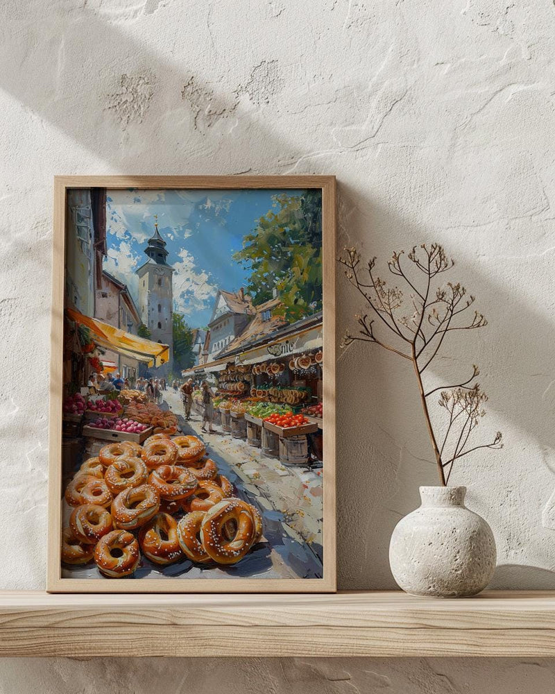 Munich Market Wall Art, Viktualienmarkt City Home Decor - Giant Fresh Pretzel Stall Summer Retreat