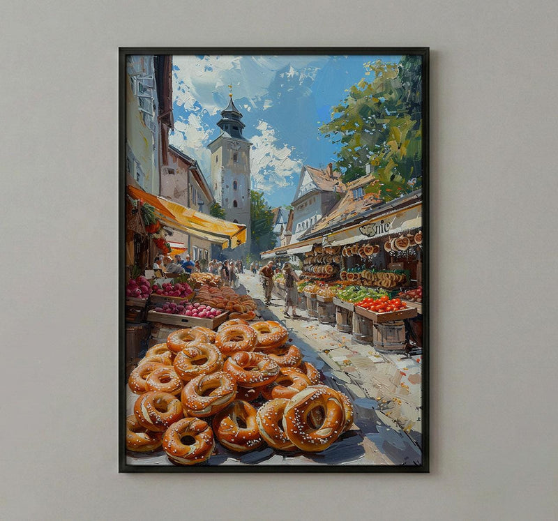 Munich Market Wall Art, Viktualienmarkt City Home Decor - Giant Fresh Pretzel Stall Summer Retreat