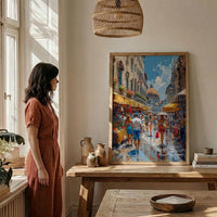 Florence Market City Poster, Italy Leather Home Decor - Vibrant Red Brown Bag Summer Landscape