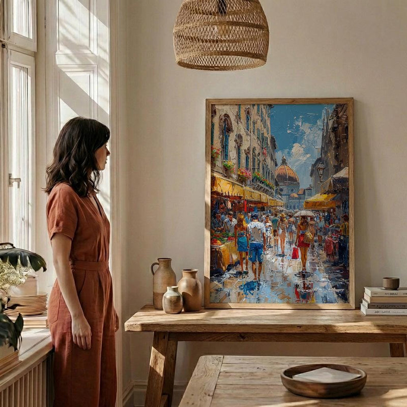 Florence Market City Poster, Italy Leather Home Decor - Vibrant Red Brown Bag Summer Landscape