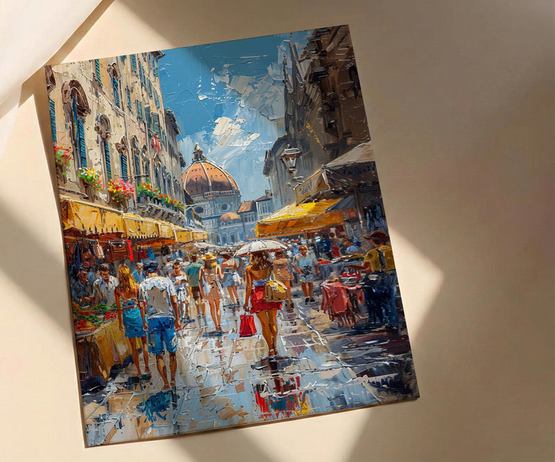 Florence Market City Poster, Italy Leather Home Decor - Vibrant Red Brown Bag Summer Landscape
