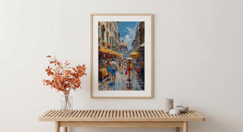 Florence Market City Poster, Italy Leather Home Decor - Vibrant Red Brown Bag Summer Landscape