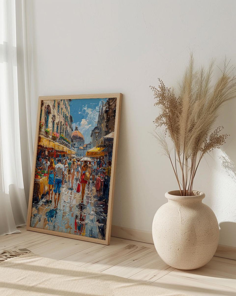 Florence Market City Poster, Italy Leather Home Decor - Vibrant Red Brown Bag Summer Landscape