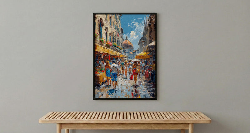 Florence Market City Poster, Italy Leather Home Decor - Vibrant Red Brown Bag Summer Landscape