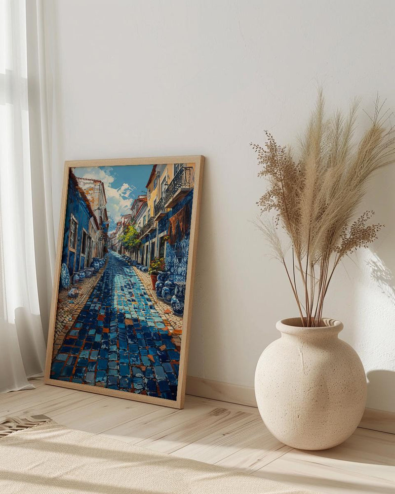 Lisbon Market Art Print, Portugal Tile Home Decor - Blue Azulejo Rustic Antique Summer Vibe