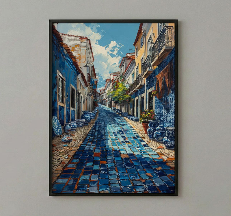 Lisbon Market Art Print, Portugal Tile Home Decor - Blue Azulejo Rustic Antique Summer Vibe
