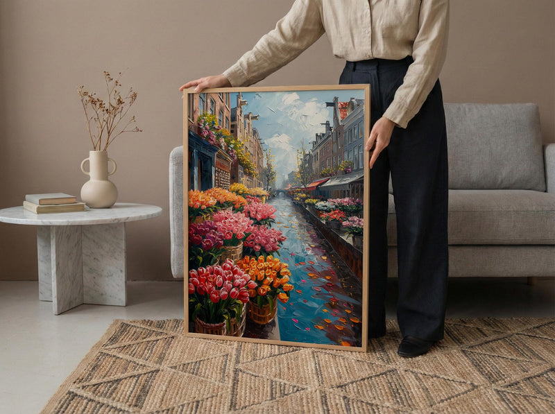 Amsterdam Flower Market Poster, Bloemenmarkt Tulip Home Decor - Vibrant Canal Floating Bulb Summer Artwork