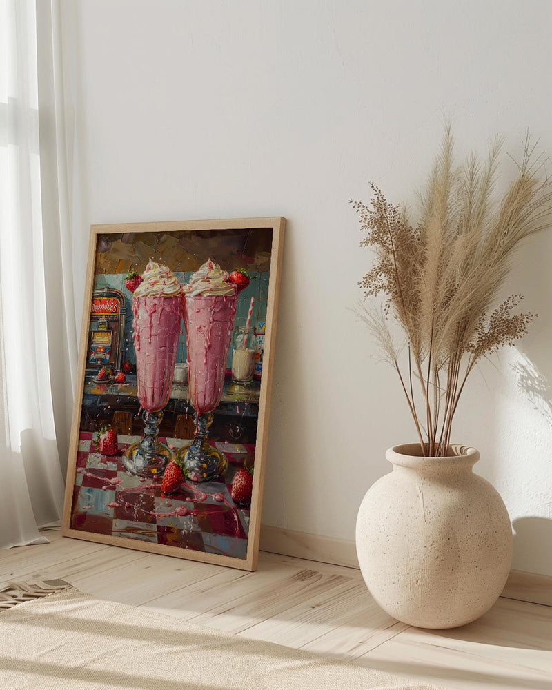 Retro Diner Milkshake Art Print, Vintage American Food Decor - Checkered Counter Summer Sun