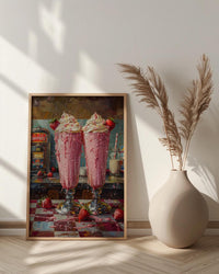 Retro Diner Milkshake Art Print, Vintage American Food Decor - Checkered Counter Summer Sun