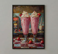 Retro Diner Milkshake Art Print, Vintage American Food Decor - Checkered Counter Summer Sun