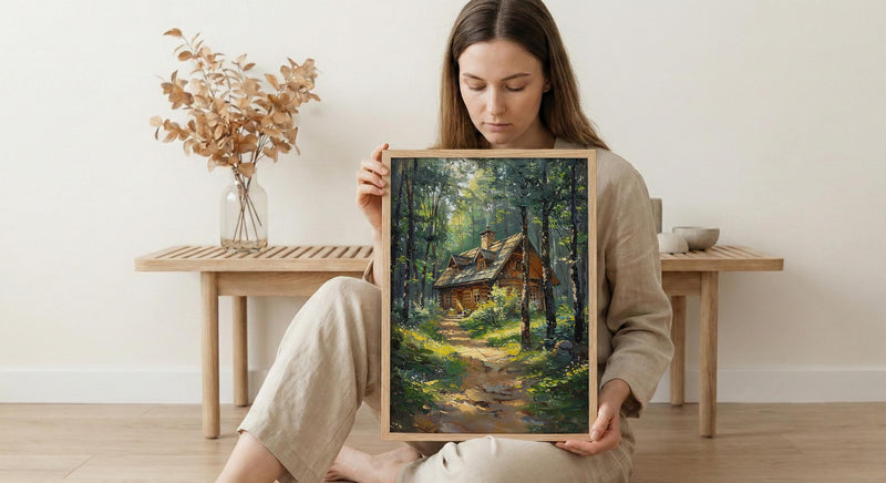 Wooden A Frame Cabin Poster, Lush Green Forest Decor - Warm Summer Sunlight View