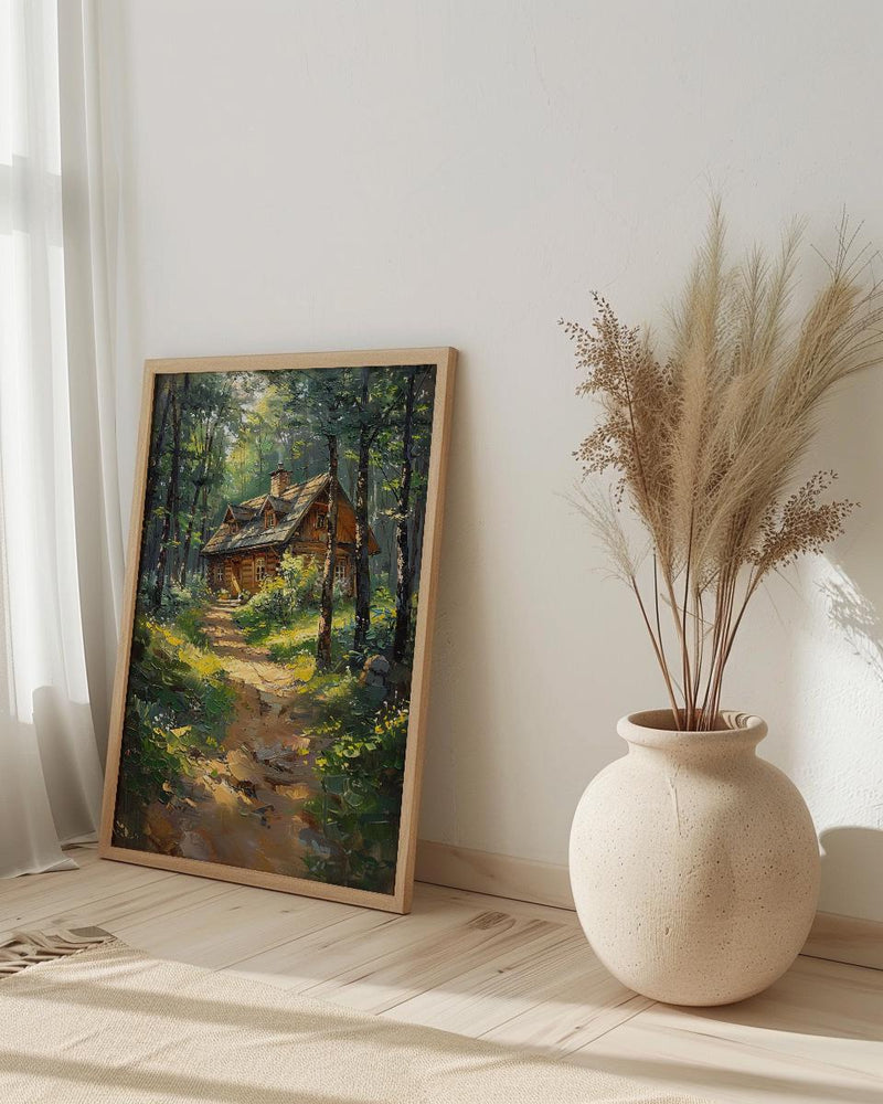 Wooden A Frame Cabin Poster, Lush Green Forest Decor - Warm Summer Sunlight View