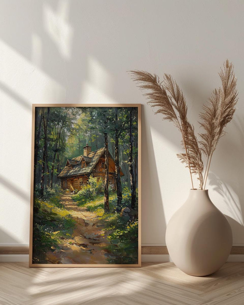 Wooden A Frame Cabin Poster, Lush Green Forest Decor - Warm Summer Sunlight View