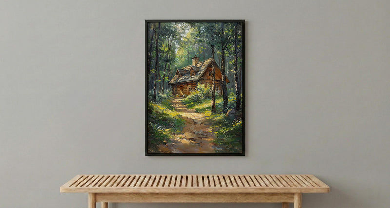 Wooden A Frame Cabin Poster, Lush Green Forest Decor - Warm Summer Sunlight View