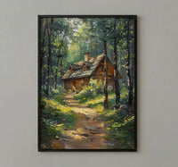Wooden A Frame Cabin Poster, Lush Green Forest Decor - Warm Summer Sunlight View