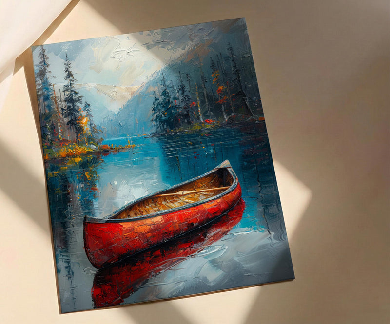 Red Canoe Lake Art Print, Calm Canadian Nature Decor - Mirror Water Summer Pine