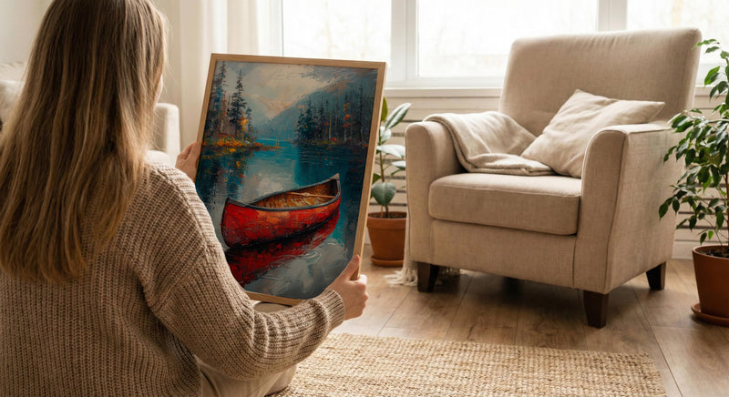 Red Canoe Lake Art Print, Calm Canadian Nature Decor - Mirror Water Summer Pine