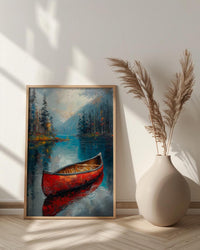 Red Canoe Lake Art Print, Calm Canadian Nature Decor - Mirror Water Summer Pine
