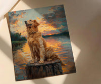 Golden Retriever Dock Wall Art, Lake House Rustic Decor - Bright Summer Sunrise Scene