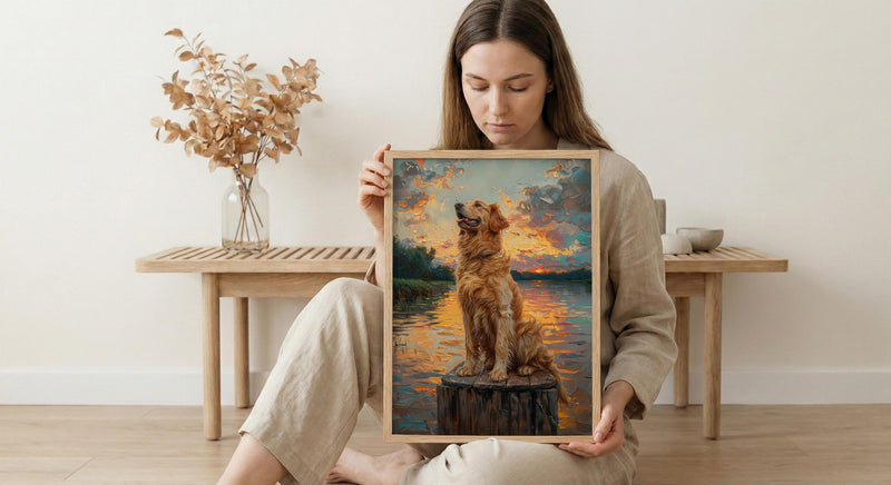 Golden Retriever Dock Wall Art, Lake House Rustic Decor - Bright Summer Sunrise Scene