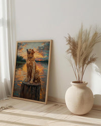 Golden Retriever Dock Wall Art, Lake House Rustic Decor - Bright Summer Sunrise Scene