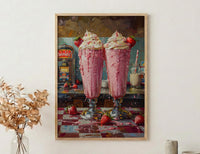 Retro Diner Milkshake Art Print, Vintage American Food Decor - Checkered Counter Summer Sun