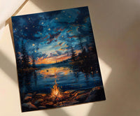 Lake Campfire Night Art Print, Cozy Outdoor Nature Decor - Glowing Orange Summer Star