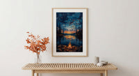 Lake Campfire Night Art Print, Cozy Outdoor Nature Decor - Glowing Orange Summer Star