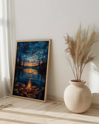 Lake Campfire Night Art Print, Cozy Outdoor Nature Decor - Glowing Orange Summer Star