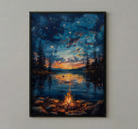 Lake Campfire Night Art Print, Cozy Outdoor Nature Decor - Glowing Orange Summer Star