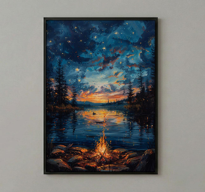 Lake Campfire Night Art Print, Cozy Outdoor Nature Decor - Glowing Orange Summer Star