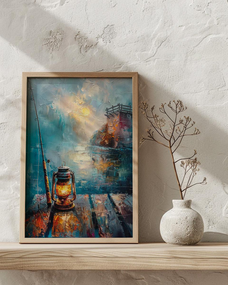 Vintage Lantern Fishing Wall Art, Rustic Lake Pier Decor - Bright Summer Morning Mist