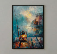 Vintage Lantern Fishing Wall Art, Rustic Lake Pier Decor - Bright Summer Morning Mist