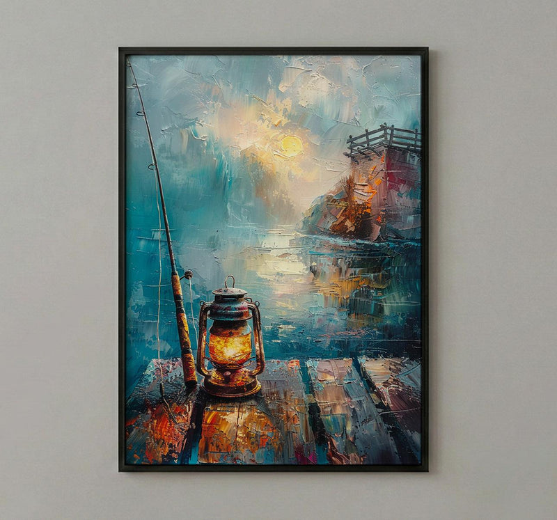 Vintage Lantern Fishing Wall Art, Rustic Lake Pier Decor - Bright Summer Morning Mist