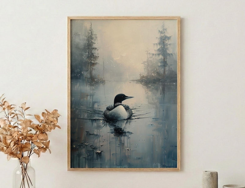 Loon Bird Misty Lake Poster, Calm Canadian Wildlife Decor - Deep Blue Summer Water
