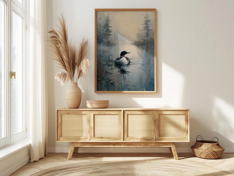 Loon Bird Misty Lake Poster, Calm Canadian Wildlife Decor - Deep Blue Summer Water