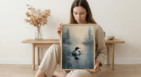 Loon Bird Misty Lake Poster, Calm Canadian Wildlife Decor - Deep Blue Summer Water