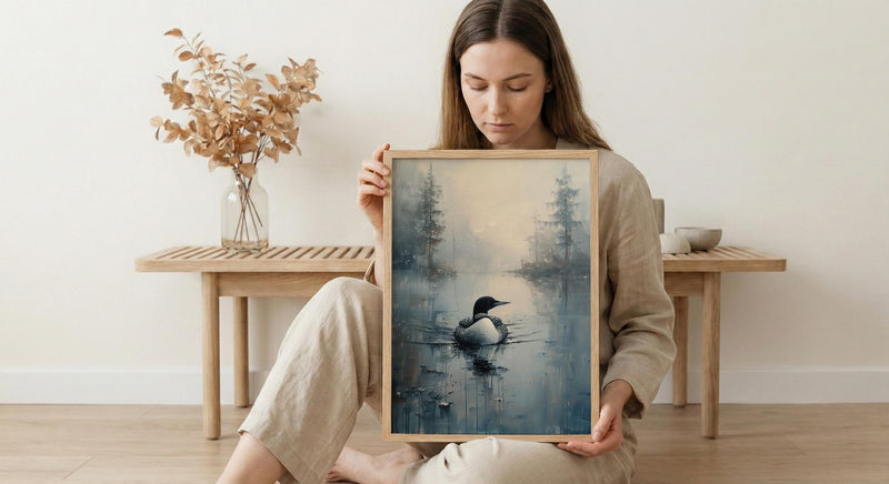 Loon Bird Misty Lake Poster, Calm Canadian Wildlife Decor - Deep Blue Summer Water