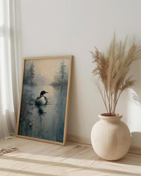 Loon Bird Misty Lake Poster, Calm Canadian Wildlife Decor - Deep Blue Summer Water