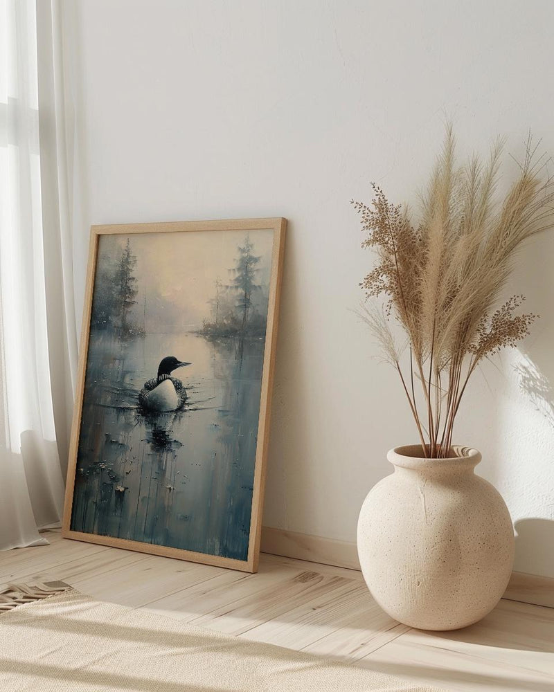Loon Bird Misty Lake Poster, Calm Canadian Wildlife Decor - Deep Blue Summer Water