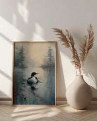 Loon Bird Misty Lake Poster, Calm Canadian Wildlife Decor - Deep Blue Summer Water