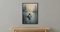 Loon Bird Misty Lake Poster, Calm Canadian Wildlife Decor - Deep Blue Summer Water