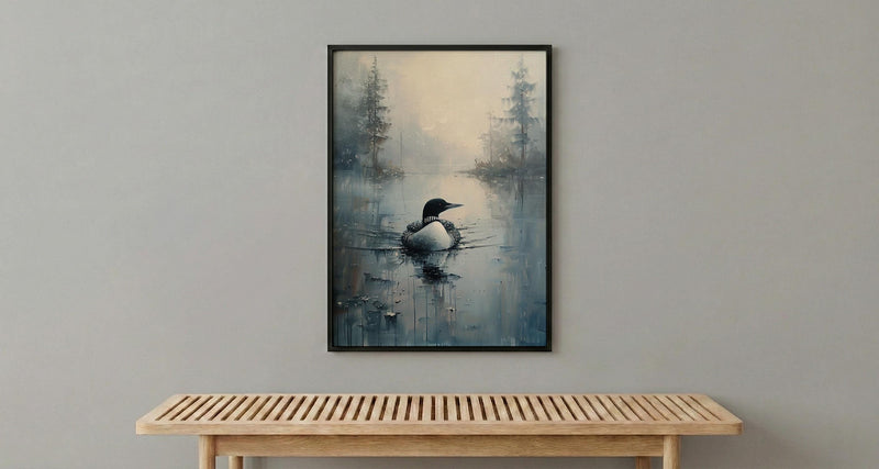 Loon Bird Misty Lake Poster, Calm Canadian Wildlife Decor - Deep Blue Summer Water