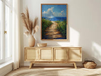 Wooden Boardwalk Lake Art Print, Green Summer Grass Decor - Hidden Blue Water View