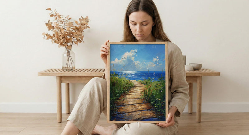 Wooden Boardwalk Lake Art Print, Green Summer Grass Decor - Hidden Blue Water View