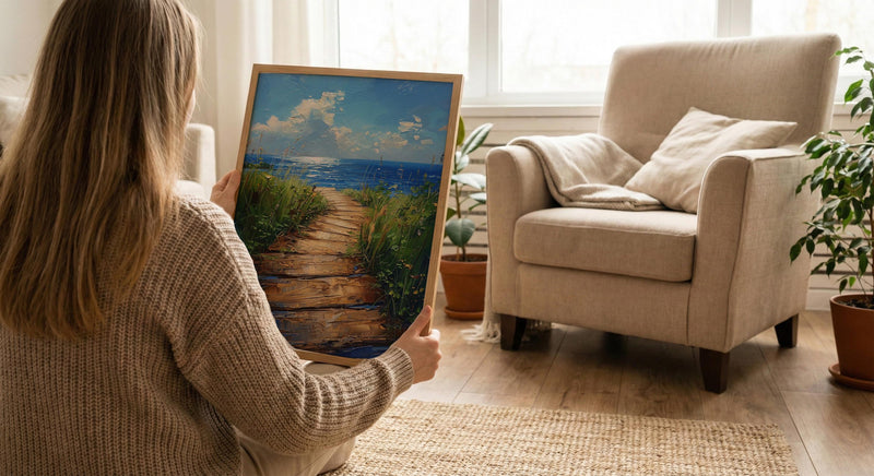 Wooden Boardwalk Lake Art Print, Green Summer Grass Decor - Hidden Blue Water View