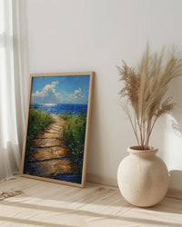 Wooden Boardwalk Lake Art Print, Green Summer Grass Decor - Hidden Blue Water View