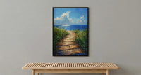 Wooden Boardwalk Lake Art Print, Green Summer Grass Decor - Hidden Blue Water View
