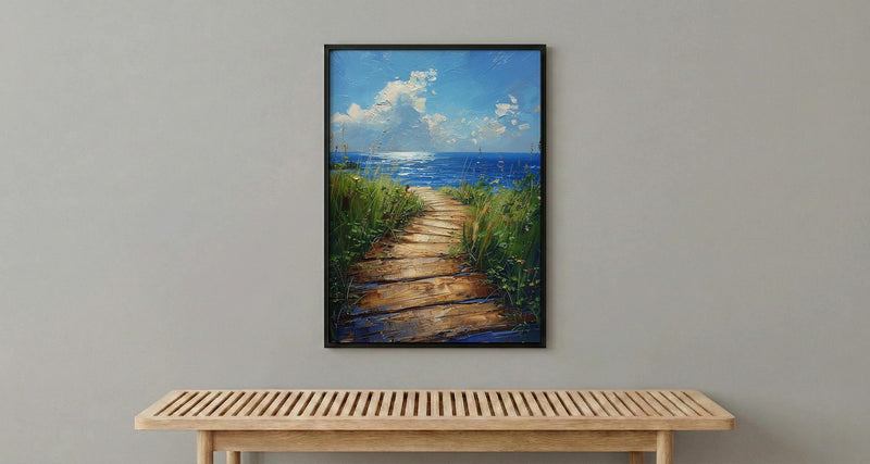 Wooden Boardwalk Lake Art Print, Green Summer Grass Decor - Hidden Blue Water View