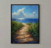 Wooden Boardwalk Lake Art Print, Green Summer Grass Decor - Hidden Blue Water View